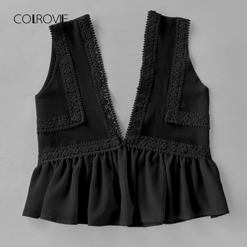 COLROVIE погружающийся V-Neck кружевной Обрезной жабо подол Топ Белый контрастный кружевной гофрированный подол Женский Топ Глубокий v-образный вырез укороченный жилет