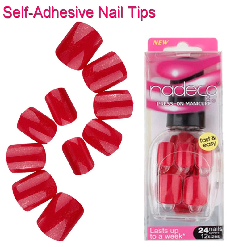 12Sets Full Cover Red Pink Self Adhesive Fake Nail Polish Tips Colorful
