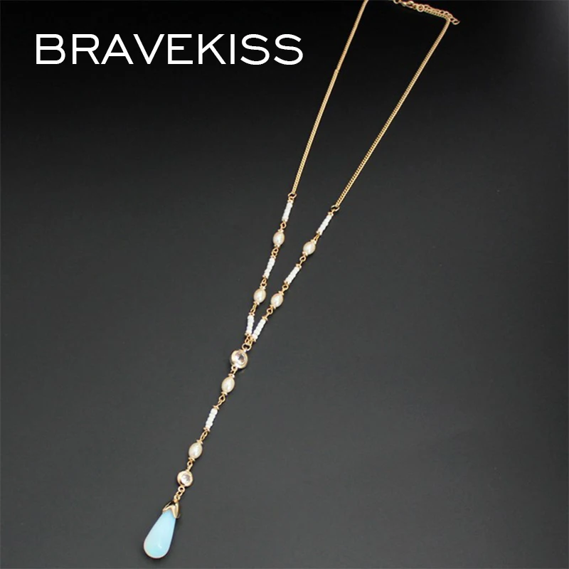 

BRAVEKISS Gold Color Moonstone Imitation Pearl Pendant Beaded Necklace 2019 New Design European Jewelry For Women Bijoux PN0671