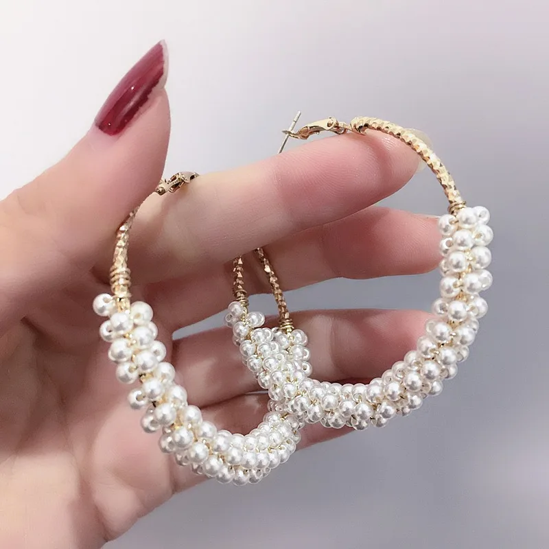 

1 Pair Fashion 50mm Big Round Loop Circle Earring New Brand Imitation Pearl Gold-color Flower Cut Loop Earrings