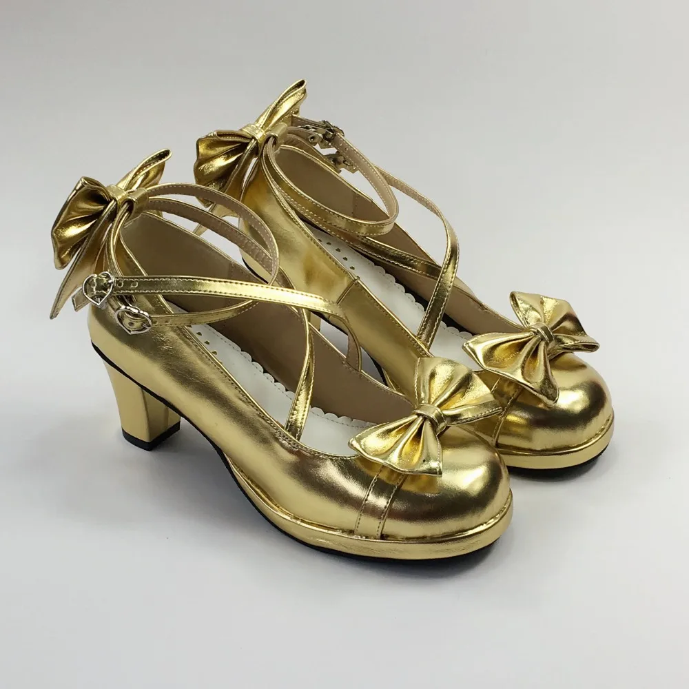 Harajuku Sweet Gold Bows Lolita Shoes Heels Chunky High