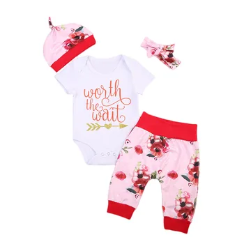 

4 pcs Adorable Baby Girl Clothes Set Newborn Baby Short Sleeev Cotton Tops Romper Pants Floral Hat Headband Outfit Clothing