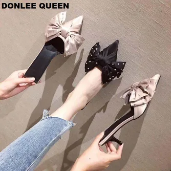 

DONLEE QUEEN 2019 Brand Low Heel Mule Shoes Women Slip On Slides Butterfly-knot Pointed Toe Lady Female Slippers sandalias mujer