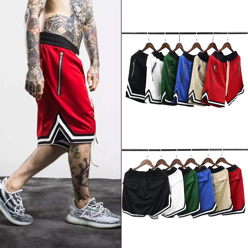 

Men's Mesh Material Shorts Justin Bieber High Street Tide Loose Shorts Hip-Hop Side Zippered Patchwork Five Short 6 Color