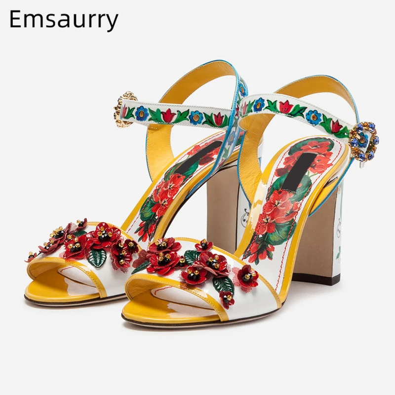 

Retro Style 2019 Newest Flower Summer Shoes Woman Chunky Heel Ankle Strap One-strap Printed Color Appliques Sandals Women