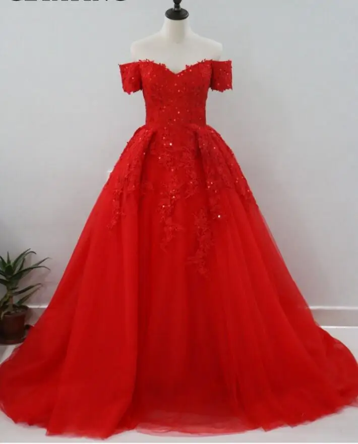 

Red Puffy Ball Gown Saudi Arabic Evening Dress Off Shoulder Appliques Beaded Prom Dress in Dubai Robe De Soiree Kaftan Gowns