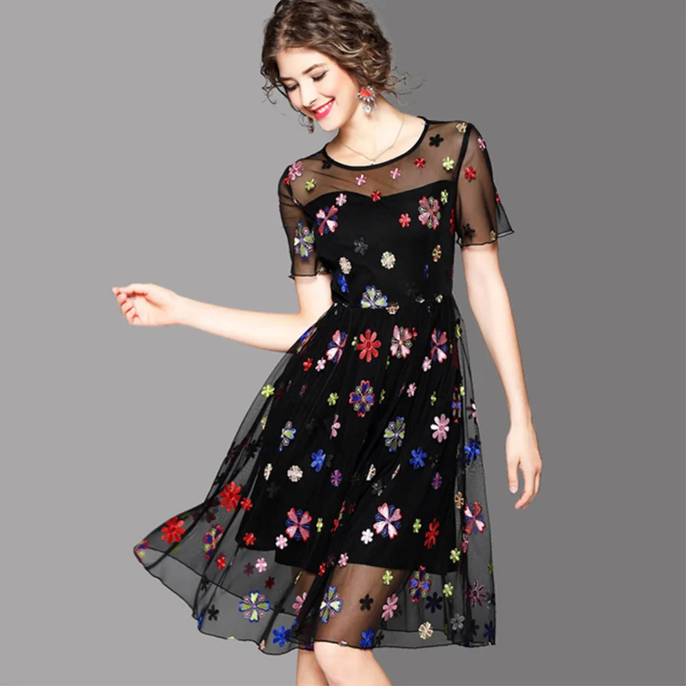 

ZAFUL Lolita Style Embroidery Floral Sheer Cami Dress Women Summer Dresses Vestidos 2018 New 3/4 Sleeves Girls Dress Robes