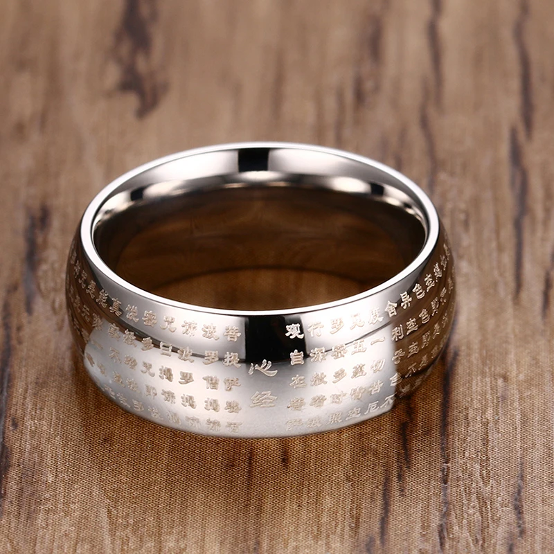 Men's Wisdom Heart Sutra Dome Ring in Chinese Words for Men Stainless Steel Folk-custom Buddhism Band Religious Male Jewelry 8mm