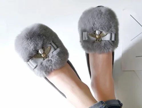 Женская зимняя обувь плюс Размеры E34-43 с круглым носком Туфли без каблуков с кроличьим мехом теплые тапочки кристалл слипоны противоскользящие Удобная Черный Серый - Цвет: grey 2nd