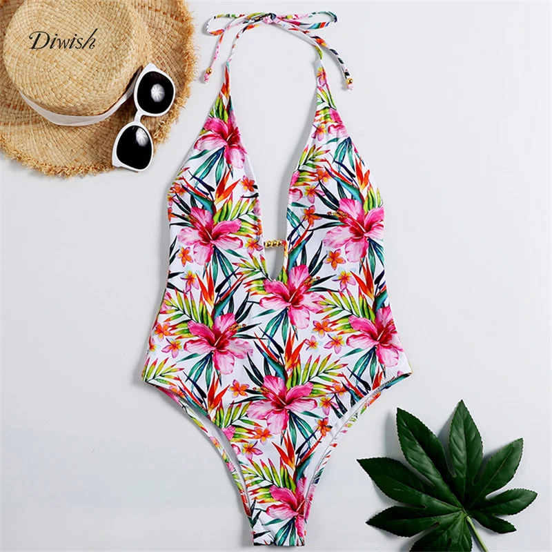 

Diwish Swimwear Women 2019 New One Piece Bikini Halter Deep V-Neck Floral Monokini Sexy One Piece Swim Suits Bathing Suit Women