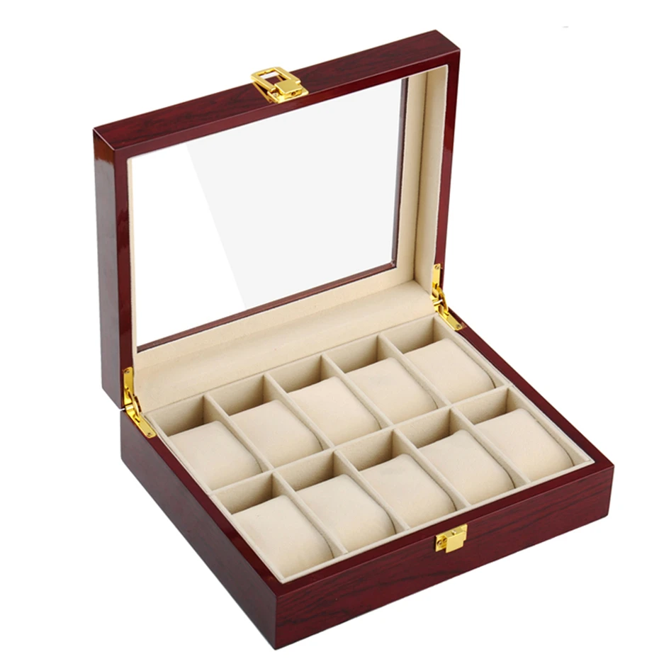 

New Fashion Lacquer Wood Watch Boxes 10 Slots Storage Boxes MDF Wristwatch Packaging Box Windowed Case Watch Storage Box Red
