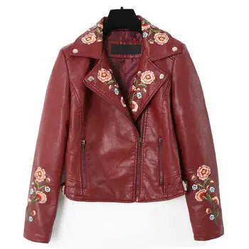 

Women Leather Jacket 2018 Korean Slim Retro Casual Autumn Jackets Women Spring PU Embroidered Flower Coat Motorcy Leather Jacket