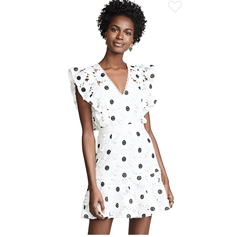 

2019 Runway Designer Deep V-Neck Floral Embroidery Woman Mini Dress Elegant Hollow Out Ruffles Woman Sweet Dress Holiday Vestido