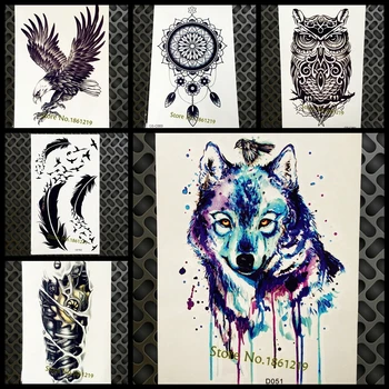 

Blue Water Color Wolf Temporary Tattoo Stickers Women Body Art Arm Fake Flash Tattoo Decals, Waterproof Painting Tatoo Men Legs