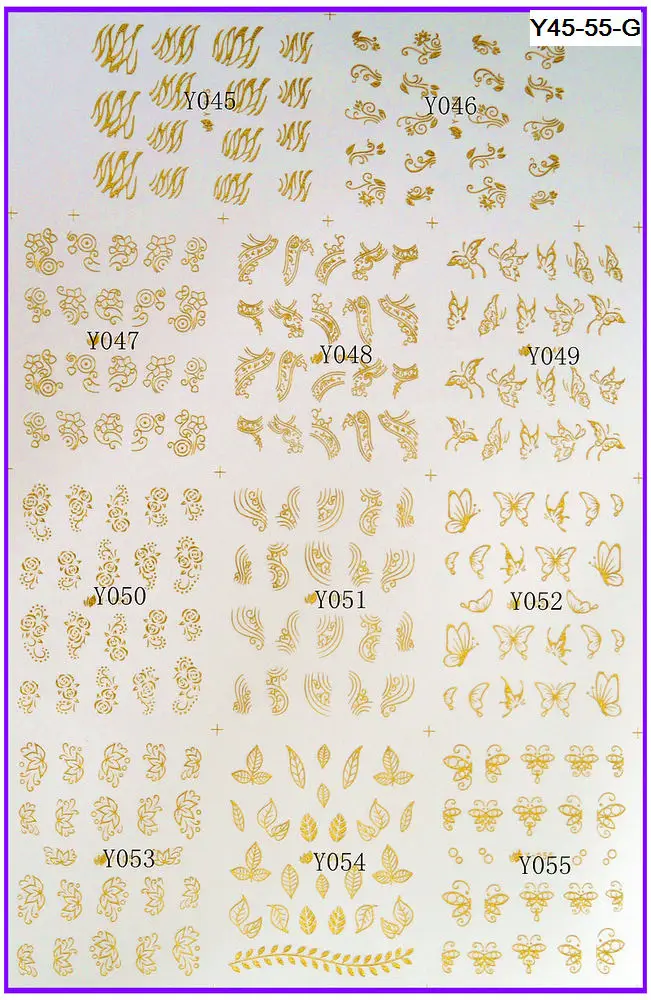 11 упаковок/партия Золотые/Серебряные наклейки для ногтей переводные наклейки для ногтей металлические наклейки для ногтей Бабочка кружева цветок Y045-055