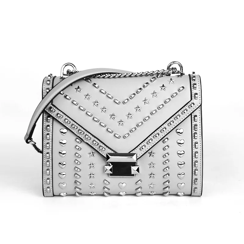 

Genuine Leather Rivet Shoulder Bags for Women 100% Sheepskin Ladies Fashion Chain Crossbody Bag Luxury Designer Apricot Clutches
