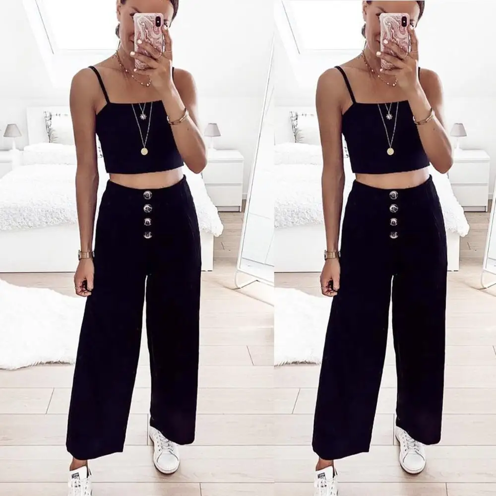 

Fashion Button Loose Summer Women Solid Workout Easy Broad-legged Beach Pants