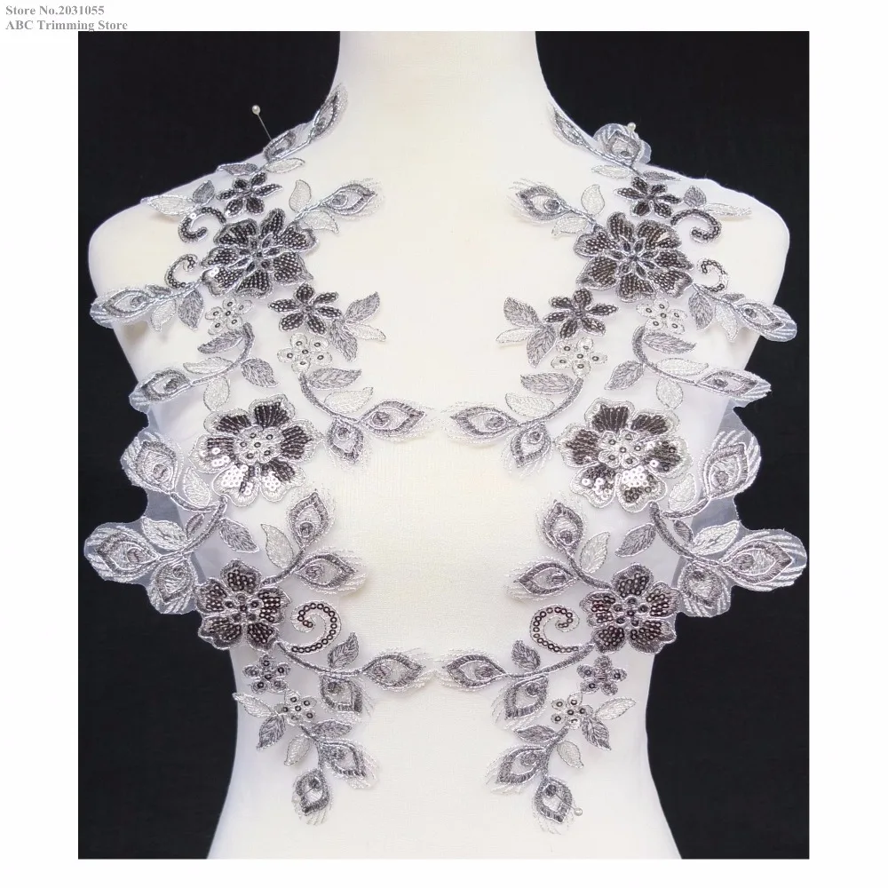 

New Grey/Cream/Silver Sequined Flower Embroidery Neckline Applique Patches DIY Apparel Sewing Fabric Costume Decoration TBNC112E
