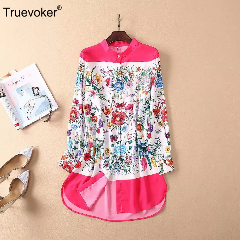 

Truevoker Designer Chiffon Top Women's High Quality Long Sleeve Rose Pink Floral Printed Plus Size Loose Long 3XL Blouses Top
