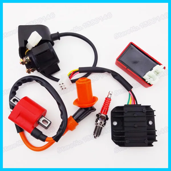 

Red Ignition Coil & AC CDI box & D8TC Spark Plug & Solenoid Relay & 6 pins Regulator Rectifier For 150cc 200cc 250cc ATV Quad