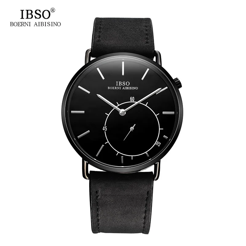 

IBSO Mens Watches Top Brand Luxury 8 MM Ultra-thin Quartz Wristwatch Genuine Leather Strap Black Brown Fashion Watch Men