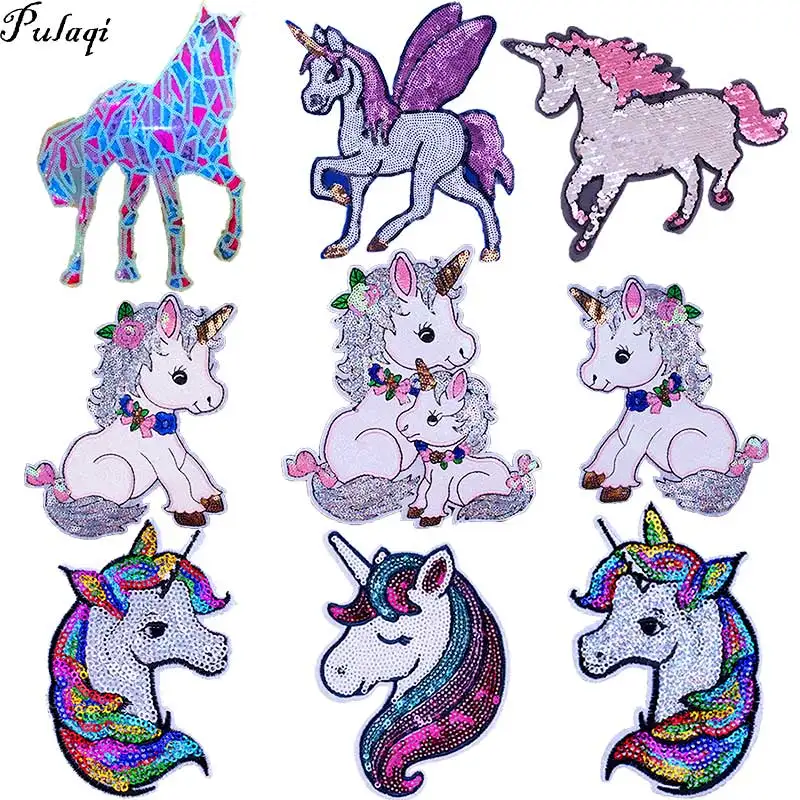 

Pulaqi Sequined Patch Unicorn Embroidered Sew On Patches For Clothing DIY Sequin Patch Unicorn Applique On Clothes H