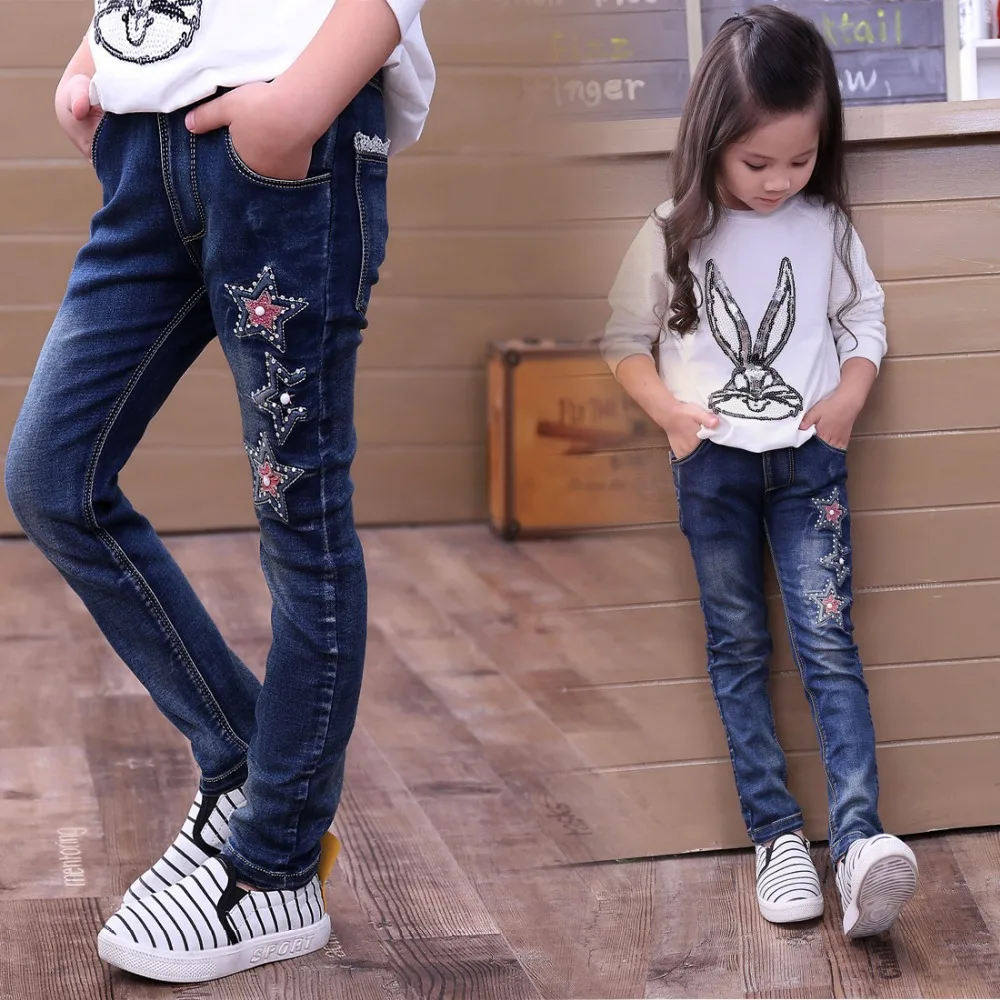 Г. Лидер продаж, качественные джинсы для девочек, весенне-Осенняя детская одежда детские джинсы с вышивкой в виде звезд синие джинсы для детей от 4 до 12 лет