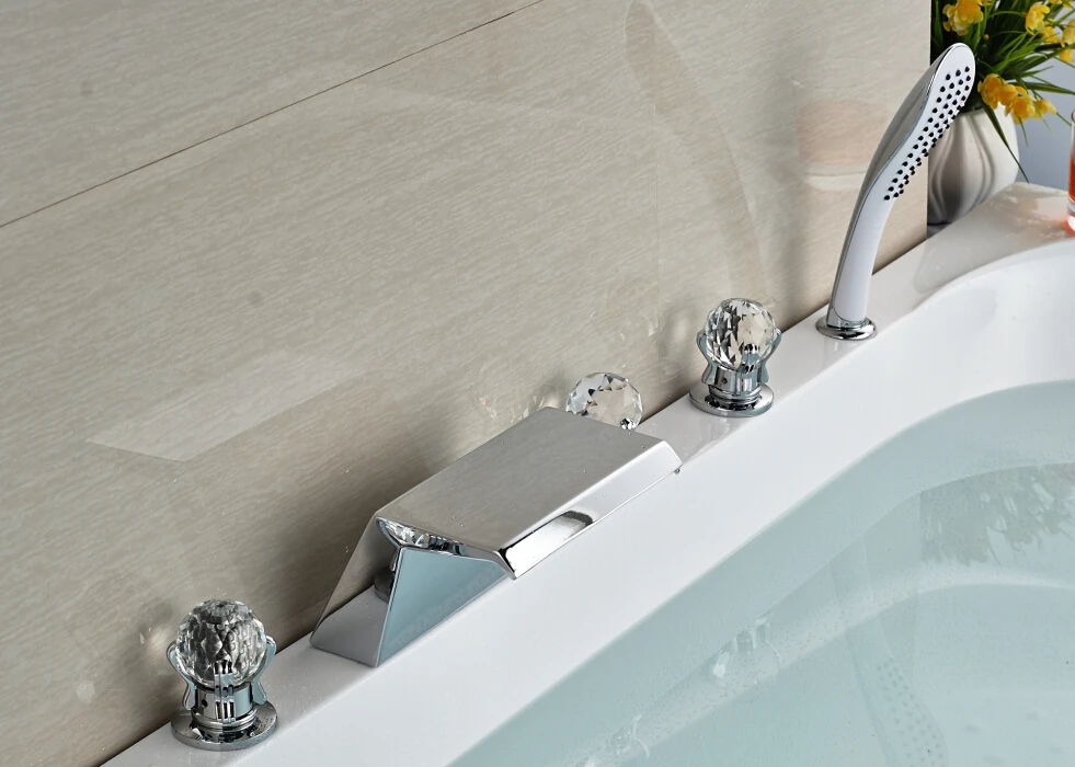 

Newly Design Widespread 5pcs Watefall Spout Bathroom Tub Faucet 3 Crystal Handles With Hand Shower