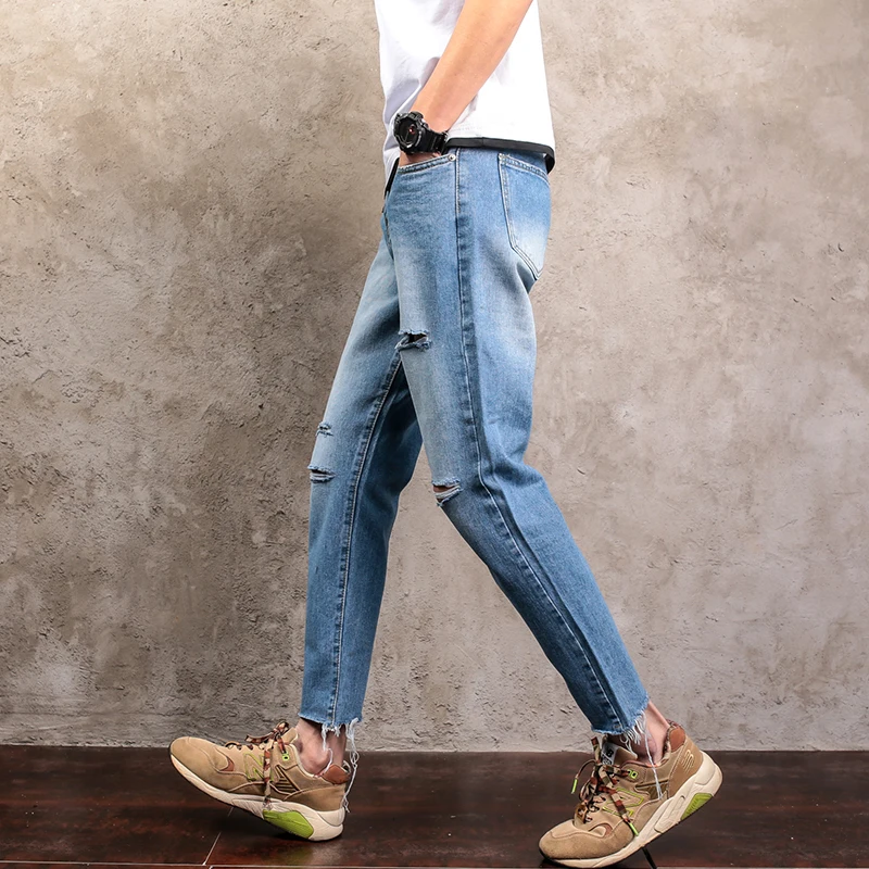 2017 Для мужчин S Рваные джинсы модные рваные Дизайн Однотонная повседневная обувь Джинсы для женщин Для мужчин плюс Размеры синий лодыжки