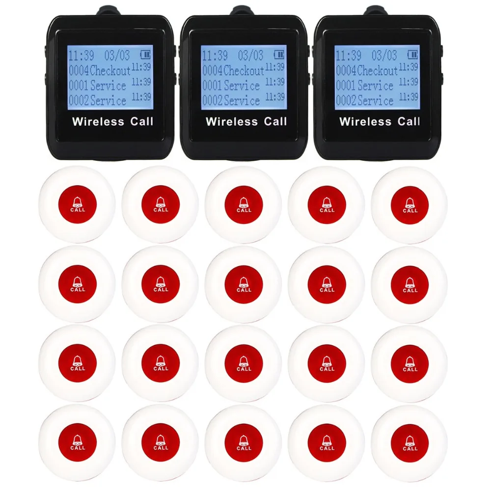 

Wireless Calling System 3pcs Watch Pager + 20pcs Call Button 433MHz Restaurant Guest Call Pager Restaurant Equipments F3258