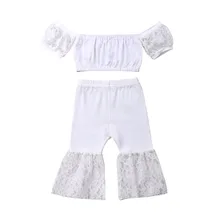 2019 Summer Toddler Kids Baby Girl Clothes Set White Lace Off Shoulder Crop Tops Flare Pants Children Clothes Girls Clothing new 2019 Summer Toddler Kids Baby Girl Clothes Set White Lace Off Shoulder Crop Tops Flare Pants Children Clothes Girls Clothing new