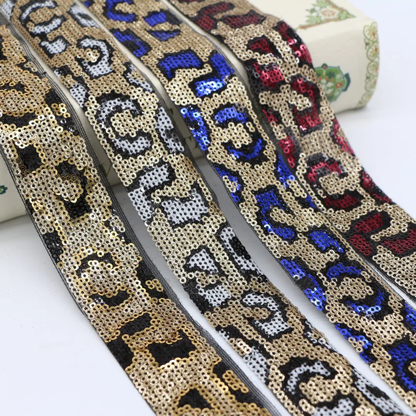 

15Yards 2019 Newest Leopard Pattern Gold Sequin Lace Belt Clothing Accessories Home Textile Shoes Hat Decoration Mesh Ribbons