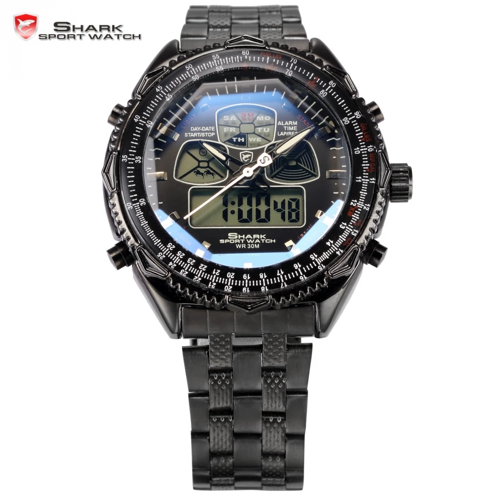 Prix pour Eightgill SHARK Sport Black Watch Dual Time Numérique LCD Date jour Chronomètre Alarme En Acier Inoxydable Bande Quartz Mens Watch/SH305 Prix pour Eightgill SHARK Sport Black Watch Dual Time Numérique LCD Date jour Chronomètre Alarme En Acier Inoxydable Bande Quartz Mens Watch/SH305