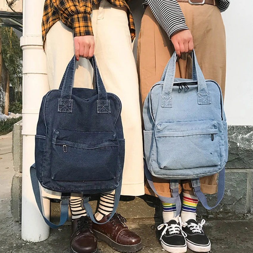 

Harajuku Denim School Bag Teenager Solid Color Backpack Ladies Large Capacity Schoolbags Fashion Travel Backpacks Student Purse
