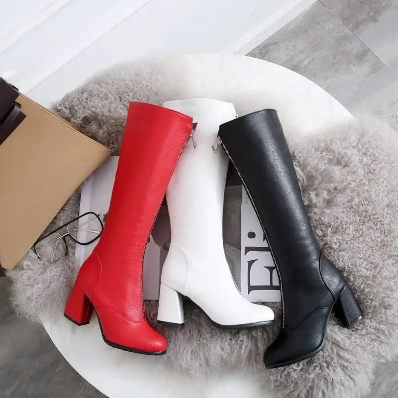 EGONERY/пикантная женская обувь красные, черные, белые сапоги по колено модные вечерние сапоги на высоком каблуке 7,5 см с металлической молнией; сезон осень-зима