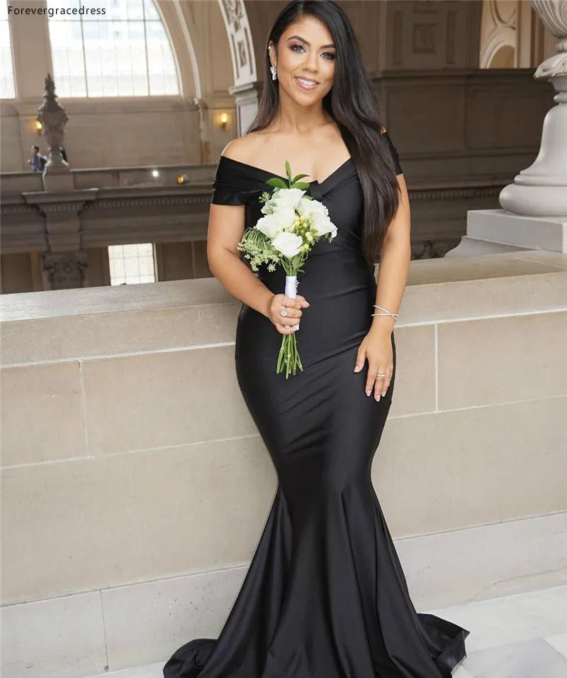 Black Mermaid Bridesmaid Dresses Sexy Off Shoulder V Neck Pleats Long Wedding Guest Party Evening Gowns Prom Dress  93 (4)