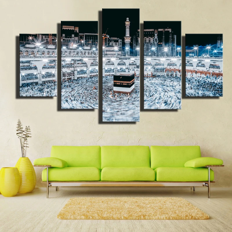 

Canvas Decor Pictures Framed Modular 5 Pieces Islamic Mecca Sacred Religious Architecture Landscape Paintings Wall Art HD Prints