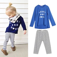 Детская одежда для малышки, топы с длинными рукавами и буквенным принтом для девочек, футболка+ штаны в полоску весенне-осенняя одежда для малышей Детская одежда