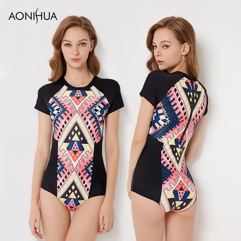 

AONIHUA One Piece Swimsuit Swimwear Rash Guard Short Sleeve Zipper Slimming Black Sexy Surfing Bathing Swimming Suits For Women