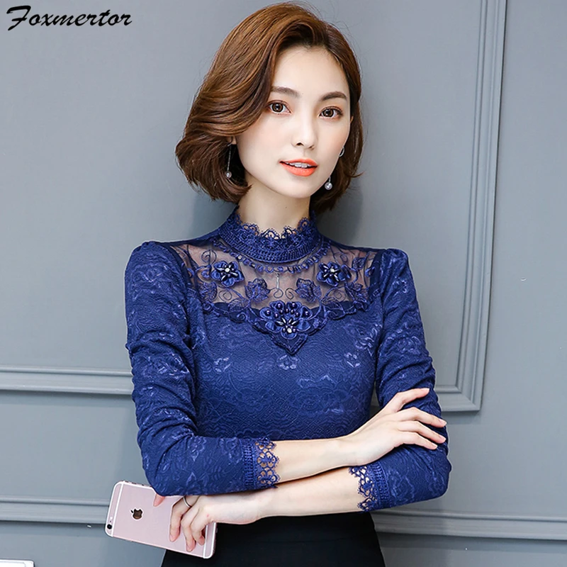 

Lace Blouse Women Sexy Hollow Out Embroidery Long Sleeve Fashion Shirt Female Tops Office Lady Casual Beading Blouses Clothing