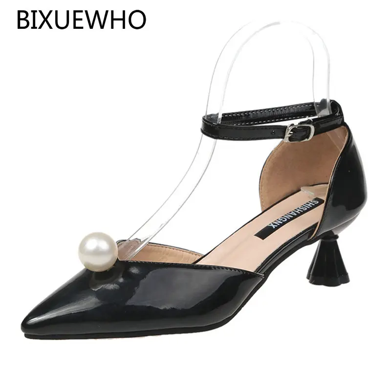 

2018 New Latest Spring/Autumn Ladies Pumps Women's Pointed Toes Med Heels Buckle Strap Shoes Women Pearl Office & Career Shoes