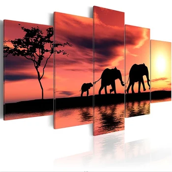 

Prints Painting Modular Pictures 5 Pieces Canvas Giraffe Elephant Landscape Poster Wall Art Home Decor Modern Bedside Background