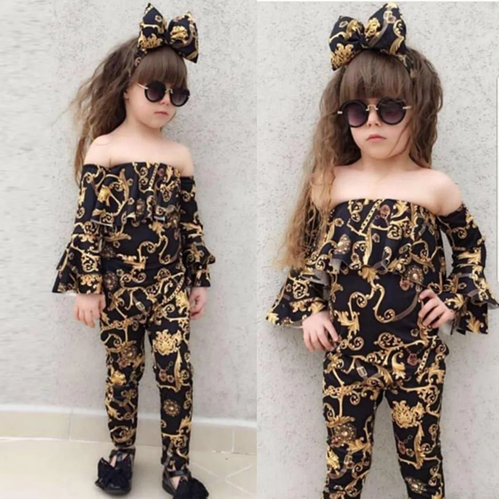 

Cute Children Toddler Kid Baby Girl Clothes Printed Off Shoulder top trousers Bow Headband Infant Kids Baby Clothes Sets 3 PCS