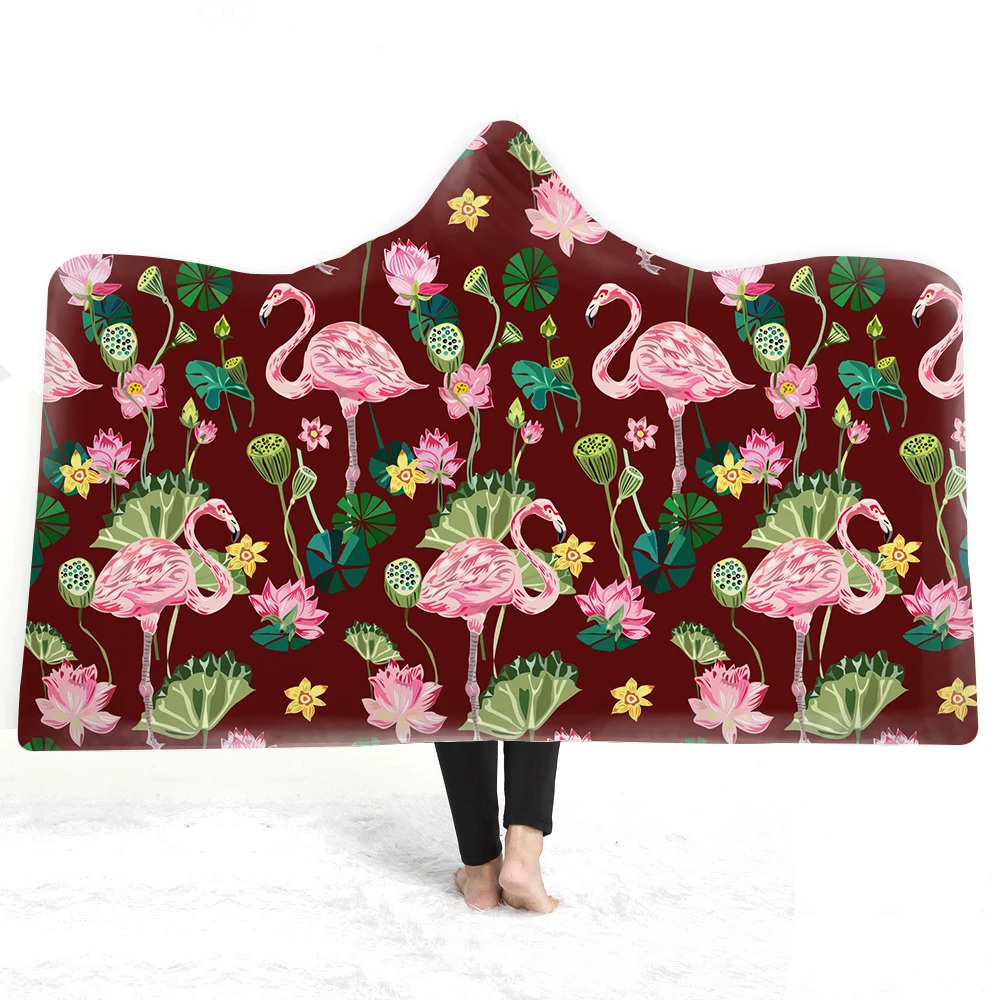 3D Flamingo Hooded Blanket Sherpa Fleece Wearable plush Throw Blanket