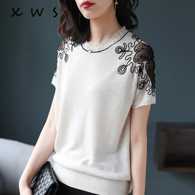 

summer women sweater and pullover 2019 fashion lace patchwork short sleeve o neck knit female sweater casual loose top