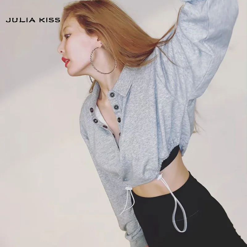 

Women Drop Shoulder Button Front Crop Pollovers Drawstring Irregular Hem Sweatshirts