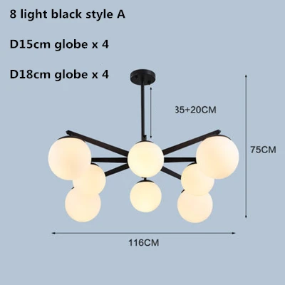 Скандинавское Стекло глобус светодиодная люстра E14 подвесная люстра освещение гостиная спальня блеск внутреннее освещение, люстры Lamparas - Цвет абажура: 8 light black A