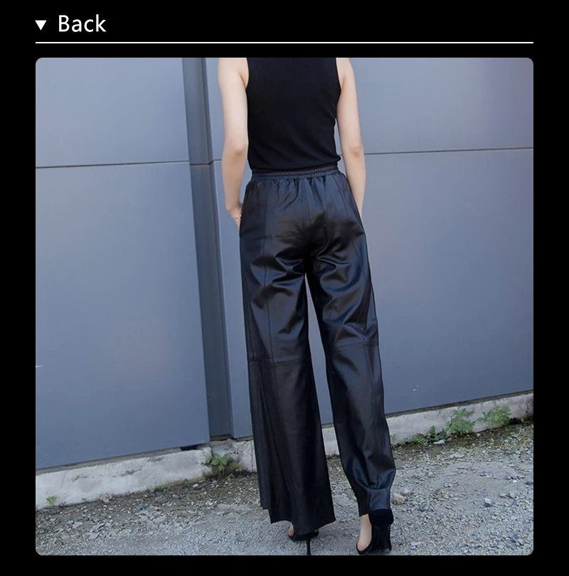 Женские осенние зимние черные длинные широкие брюки из натуральной овечьей кожи, брюки с эластичной резинкой на талии, женские брюки LT2591