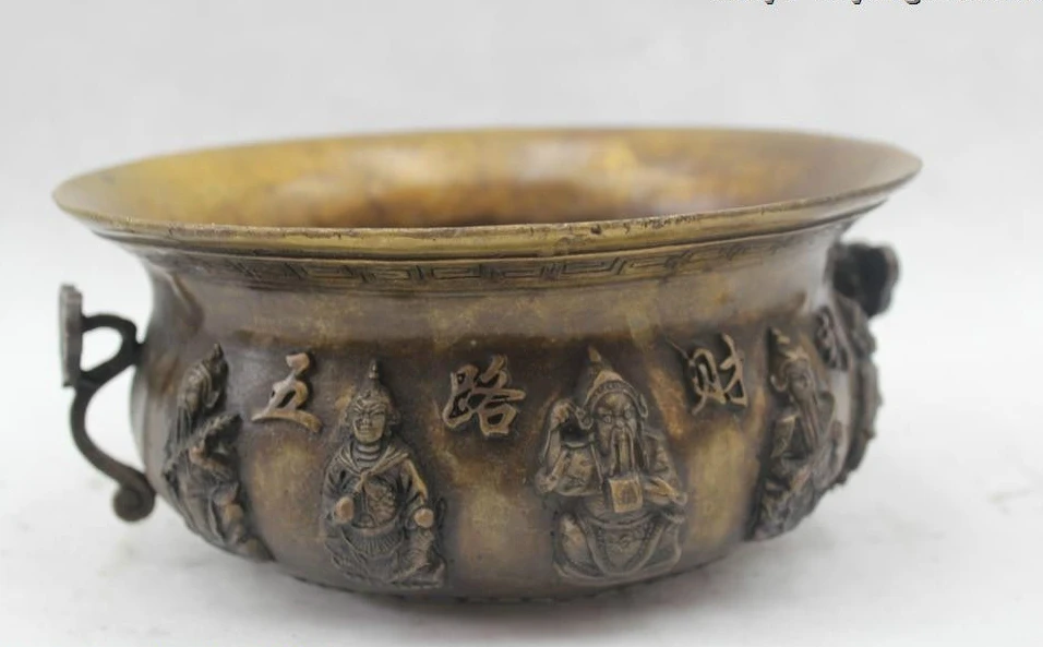 

4"Chinese Folk Bronze Lucky Money drawing Five God of wealthincense burner