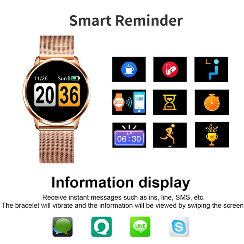 GOLDENSPIKE Q8 Смарт часы OLED цветной экран Smartwatch Женская мода фитнес трекер монитор